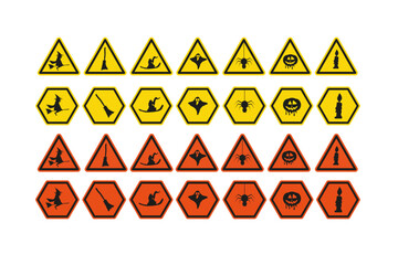 set of halloween warning sign icon orange and yellow vectors with black stroke