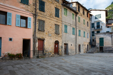 Sticker - View of the old houses of the village of Buggio (Imperia Province, Liguria Region, Northern Italy). Old medieval town, is located above the Maritime Alps, near the Italy-French borders.