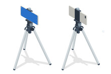 Isometric Smartphone With Blank Screen Fixed To Tripod On White Background. Video Streaming On Smart Phone With Tripod
