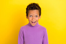 Photo Portrait Of Charming Little Boy Excited Smile Cant Believe Win Lottery Wear Trendy Violet Garment Isolated On Yellow Color Background