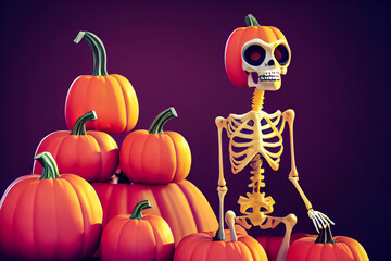 Scary 3d illustration of halloween with pumpkins and skeleton, minimalist style