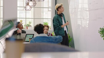 Poster - Asian businessman, whiteboard writing or presentation training in creative startup company or office brand. Speaker, mentor or coach in teamwork, collaboration or data analysis workshop or conference