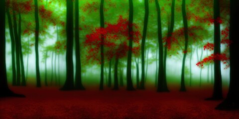 Sticker - Forest in fog. Fall woods. Enchanted autumn forest in fog in the morning. Old Tree. Landscape with trees, colorful green and red foliage and blue fog. Nature background. Dark foggy forest. High