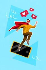 Canvas Print - Vertical collage image of excited mini guy superman fly big telephone like notifications isolated on creative background