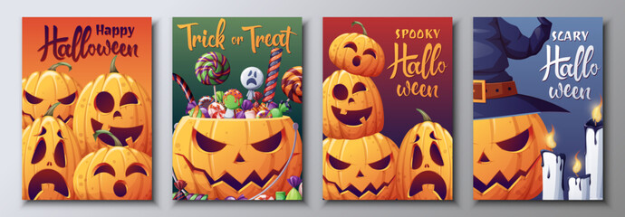 Set of vector cards with pumpkins and inscriptions for Halloween.Illustration suitable for posters, banners for the holiday. Happy Halloween
