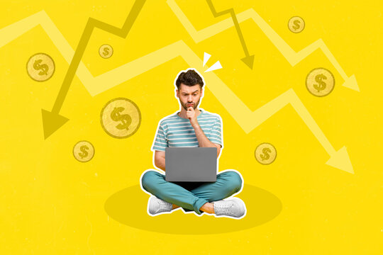 Collage 3d image of pinup pop retro sketch of depressed nervous young guy businessman working netbook arrows down golden coins bankruptcy