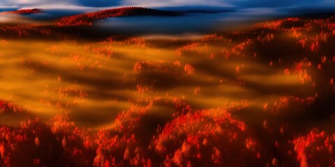 Poster - Aerial view of mountain forest in low clouds at sunrise in autumn. Hills with red and orange trees in fog in fall. Beautiful landscape with mountain, foggy forest, sunbeams. View from above of woods