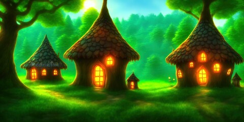 Two fantasy fairy houses in a tiny enchanted village in the woods. Digital art illustration featuring a magical landscape with dreamlike cottages in a concept artwork fantasy land. Summer tree houses