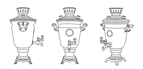 Collection of samovars in different isometric projections. Obsolete item of national cuisine. Metal large kettle used to heat and boil water. Russian traditional kitchen. Sketch, linear drawing