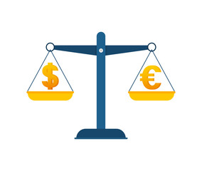 Poster - Dollar vs Euro on balance. Scales with money. Vector stock illustration.