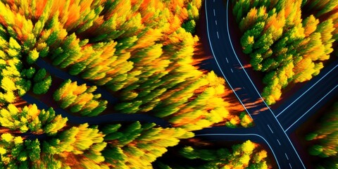 Canvas Print - Aerial view of mountain road in orange forest at sunset in autumn in Ukraine. Top view from drone of road. Woods. Beautiful landscape with empty highway, hills, pine trees, golden sunlight in fall