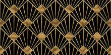 Seamless Golden Art Deco Diamond Palm Fan Or Shell Line Pattern. Vintage 1920 Geometric Gold Plated Relief Sculpture On Dark Black Background. Modern Elegant Metallic Luxury Backdrop. 3D Rendering.