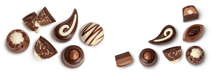 Wall Mural - Chocolate candy isolated on white background with full depth of field. Top view. Flat lay.