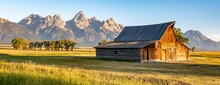 Wooden House In A Field In Mormon Row, Utah And Yellowstone National Park