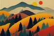 Colorful illustration of mountains and trees and a red sun in the background
