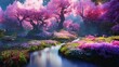 Illustration of fantasy forest with a river and cherry blossom trees.