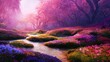 Illustration of a fantasy forest with a streaming river and violet trees.