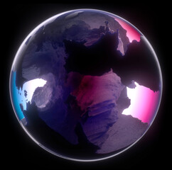 Wall Mural - 3d render of abstract art 3d glass ball or sphere planet with rough rock surface inside with big crack in the middle with glowing neon purple white and blue light inside on isolated black background 