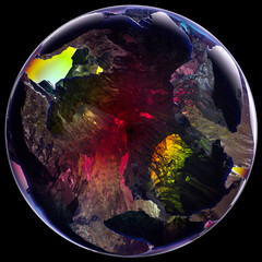 Wall Mural - 3d render of abstract art 3d glass ball or sphere planet with translucent rough rock surface with big cracks in the middle with glowing mystic yellow purple green blue light inside on black background