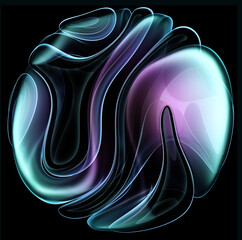 Wall Mural - 3d render of abstract art of surreal 3d ball or sphere in curve wavy round and spherical lines forms in transparent plastic material with glowing purple blue and violet color core on black background