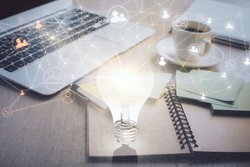 Aufkleber - Double exposure of social network drawing and desktop with coffee and items on table background. Concept of international connection.