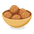 Plate with Indian sweets laddu (ladoo) isolated on white. Traditional dessert for many Hindu festivals (Pongal, Dussehra, Diwali). Vector illustration.