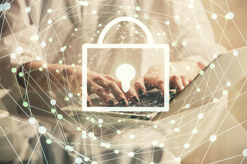 Aufkleber - Double exposure of woman hands working on computer and lock hologram drawing. Security concept.