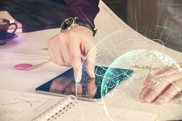 Poster - Double exposure of man's hands holding and using a phone and social network theme drawing.