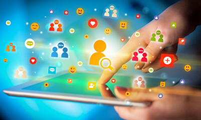 Aufkleber - Close-up of a hand using tablet with social media icons