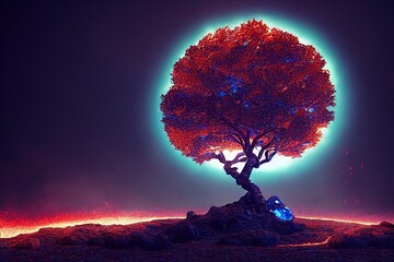 Beautiful glowing red crooked tree in moonlight