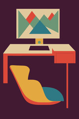 Sticker - Vertical illustration of a desk with a computer and a chair