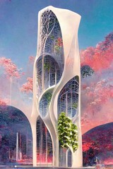 Vertical illustration of digital artwork of an environmental and sustainable futuristic building