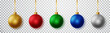Set of realistic Christmas ball set of different colors. Christmas baubles isolated on transparent background. Christmas decorations.