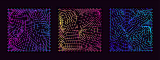 Wall Mural - set of distorted neon grid pattern.retrowave, synthwave, rave, vaporwave. blue, black, pink purple c