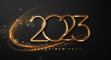 Wall Mural - 2023 new year with abstract shiny wave design element on dark background. festive premium concept te