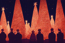 Digital Concept Illustration Of Carol Singers Surrounding Christmas Tree. Large Christmas Trees Covered In Lights With Silhouettes Of Chorus Singers On A Christmas Evening. December Night Graphic Art