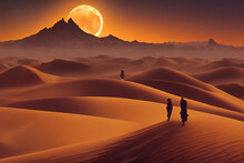 Digital Concept Art Featuring Local People Travelling In The Sahara Desert At Dusk. Fantasy Desert Landscape With Sand Dunes And Desert Mountains In An Orange Scenic Wallpaper Artwork.