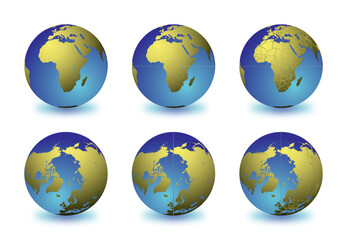 Wall Mural - Set of Earth globes focusing on the Africa (top row) and the Arctic (bottom row). Carefully layered and grouped for easy editing. You can edit or remove separately the sphere, the lands, the borders o