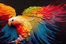 Illustration Of Colorful Parrot Flying Up In Paint Splashes. Majestic, Tropical, Exotic Bird Spreading Wide Wings. Dripping Oil And Water Painting Of A Wild Animal. Watercolor Drawing. 3D Illustration