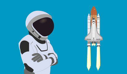 Wall Mural - space astronaut in new space suit in a front of space shuttle flight isolated on cyan blue backgroun