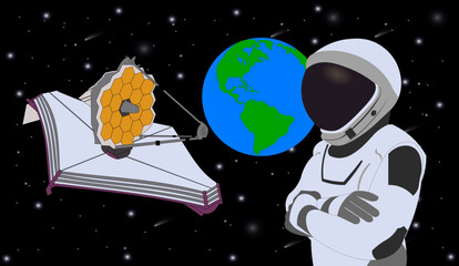 Wall Mural - space astronaut in new space suit in a front of with james webb space telescope. elements of this ve