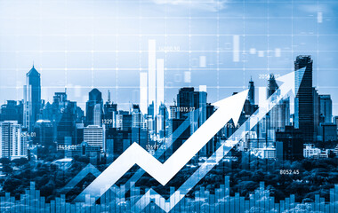 Stock market business concept. Financial graphs and digital indicators with modernistic urban area and skyscrapers as background. Double Exposure.