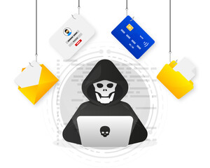 Poster - Hacker and Cyber criminals phishing stealing private personal data, user login, password, document, email and credit card. Vector illustration.