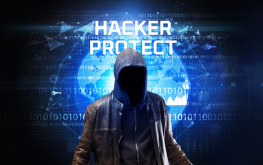 Poster - Faceless hacker at work, security concept