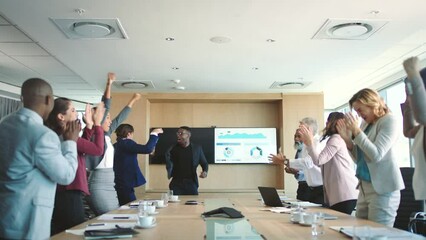 Poster - Success, celebration and business people in meeting to celebrate global company mission with clapping hands and high five at work. Corporate workers happy after achievement with support in conference