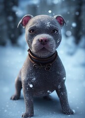 3D-Rendered pitbull terrier puppy playing outside and enjoying the winter weather. computer-generated image meant to mimic photorealism