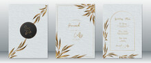 Wedding Invitation Card Template Luxury Of Golden Design With Dry Leaf, Gold Frame And Watercolor Texture Background