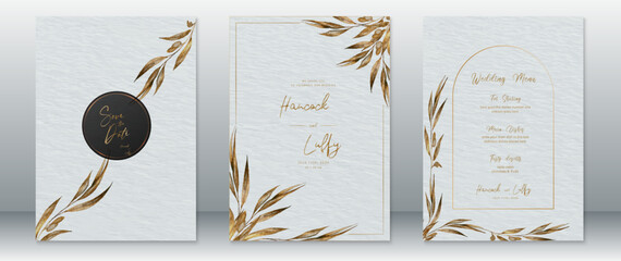Sticker - Wedding invitation card template luxury of golden design with dry leaf, gold frame and watercolor texture background