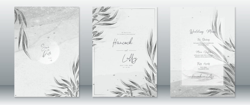 Elegant wedding invitation card template with nature leaf and watercolor gray background