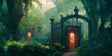 An Open Iron Gate Leads To A Charming Secret Garden Surrounded By Ivy Covered Trees, 3D Rendering. Generative AI